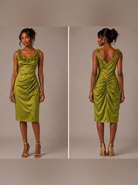 Collection DressbarnOlive Green Satin Ruched Midi Dress with Floral Strap Detail
